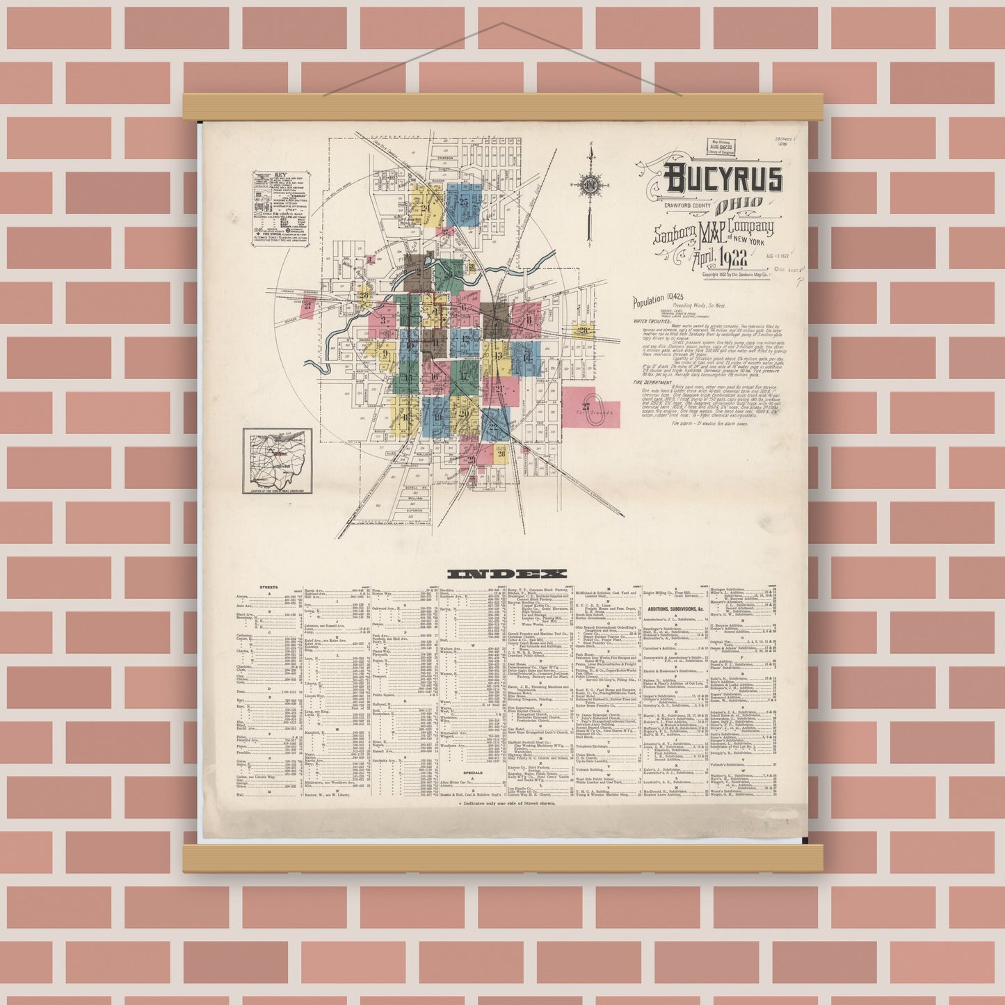 Old map wall art mockup — magnetic wood frame on brick wall — Sanborn Fire Insurance Map from Bucyrus, Crawford County, Ohio (1922), Sheet #0001