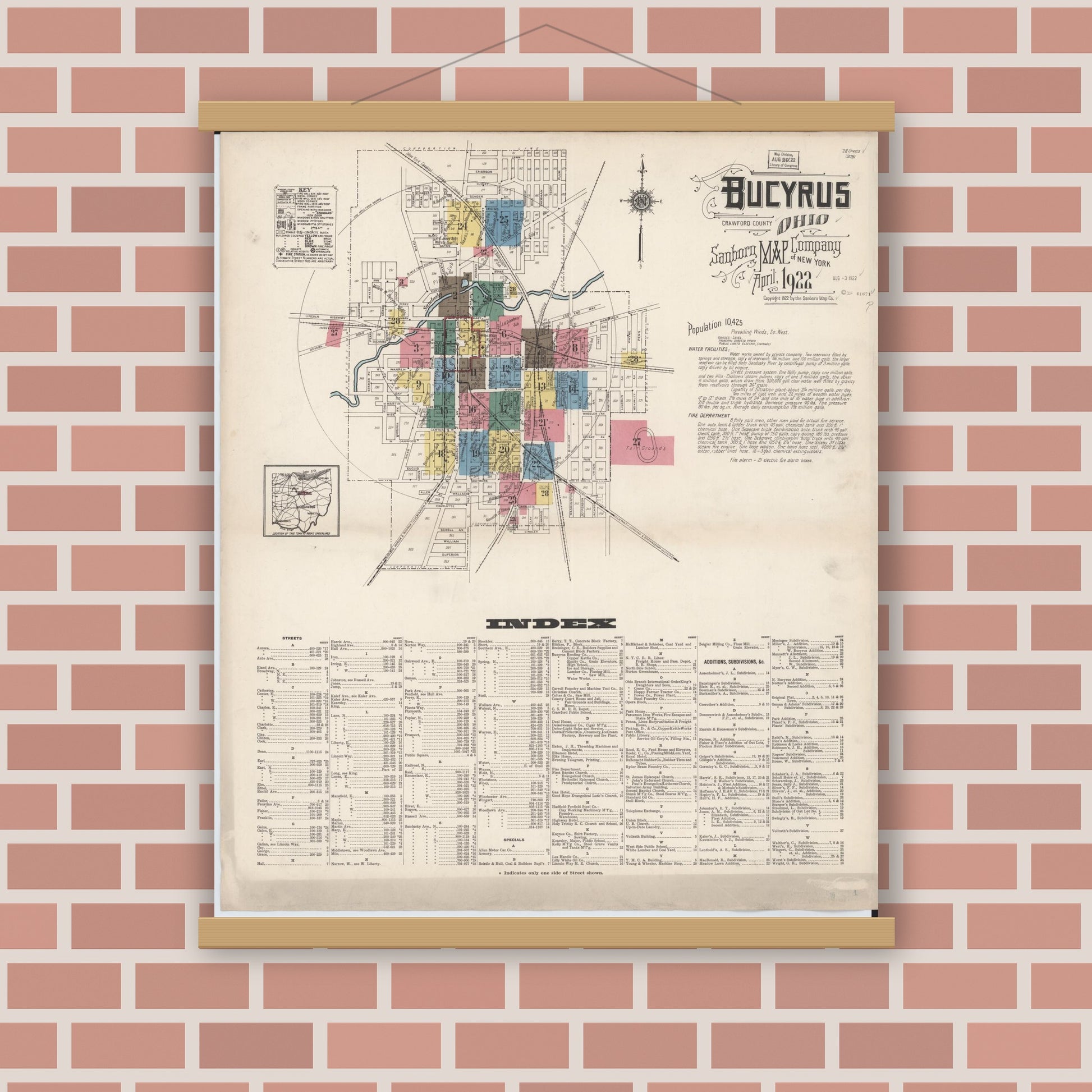Old map wall art mockup — magnetic wood frame on brick wall — Sanborn Fire Insurance Map from Bucyrus, Crawford County, Ohio (1922), Sheet #0001