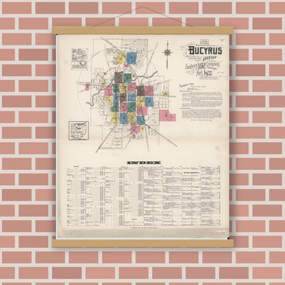 Old map wall art mockup — magnetic wood frame on brick wall — Sanborn Fire Insurance Map from Bucyrus, Crawford County, Ohio (1922), Sheet #0001
