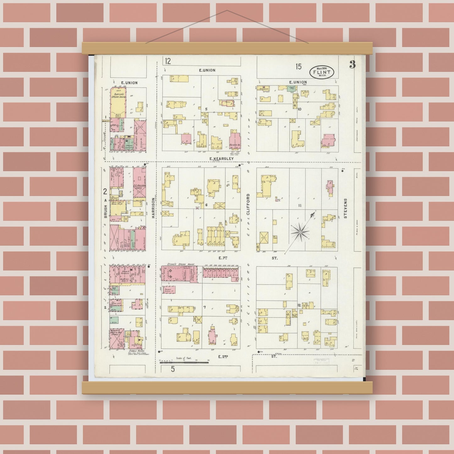 Old map wall art mockup — magnetic wood frame on brick wall — Sanborn Fire Insurance Map from Flint, Genesee County, Michigan (1898), Sheet #0003