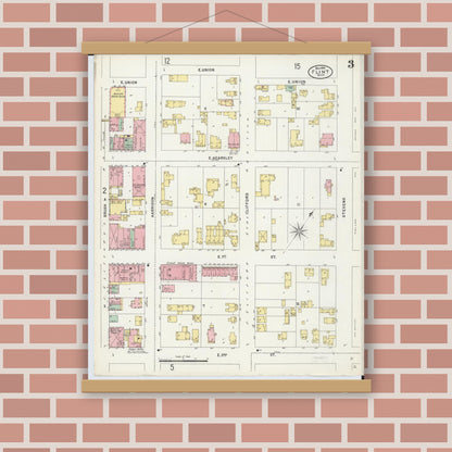 Old map wall art mockup — magnetic wood frame on brick wall — Sanborn Fire Insurance Map from Flint, Genesee County, Michigan (1898), Sheet #0003