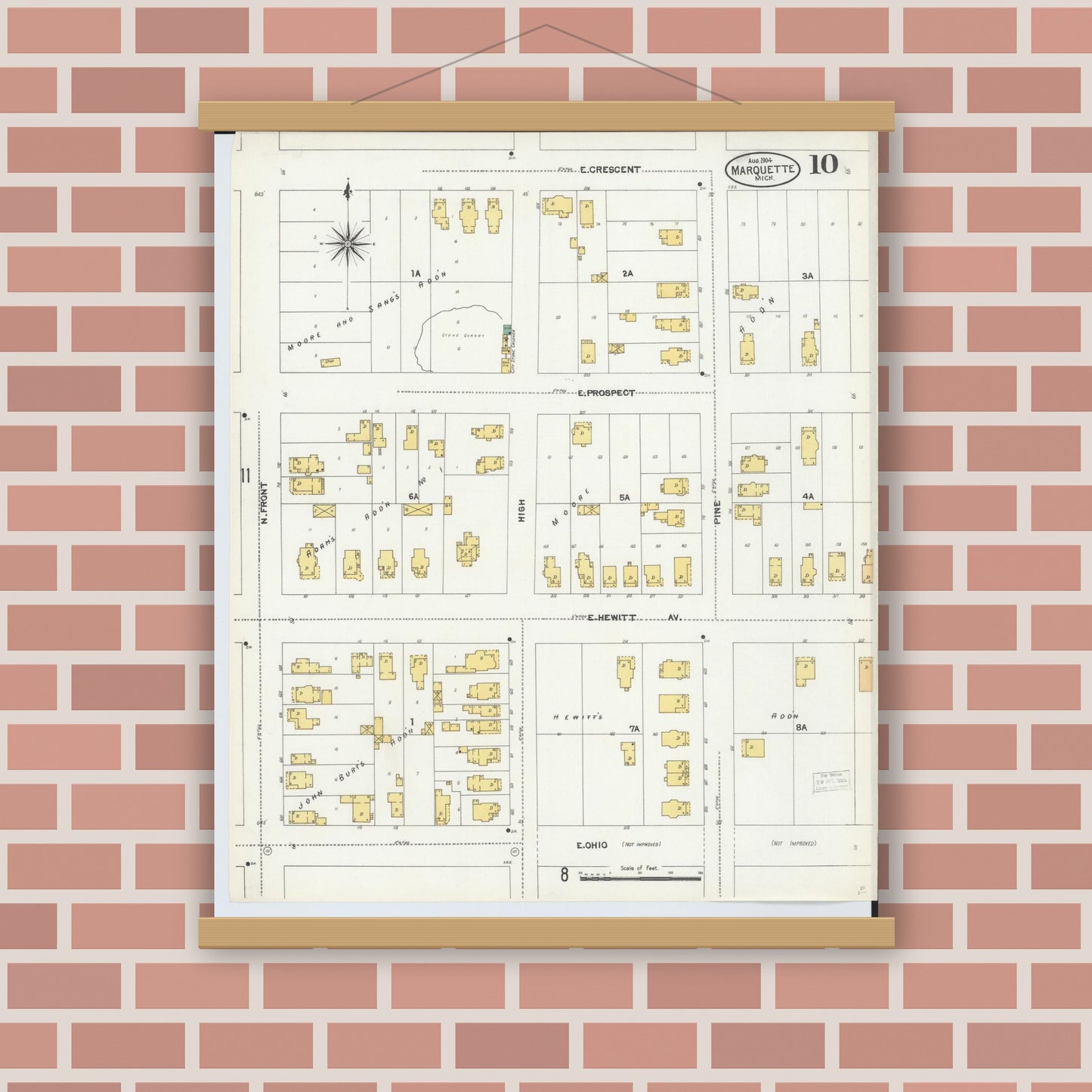 Old map wall art mockup — magnetic wood frame on brick wall — Sanborn Fire Insurance Map from Marquette, Marquette County, Michigan (1904), Sheet #0010