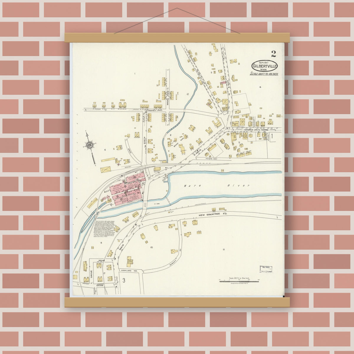 Old map wall art mockup — magnetic wood frame on brick wall — Sanborn Fire Insurance Map from Gilbertville, Worcester County, Massachusetts (1917), Sheet #0002