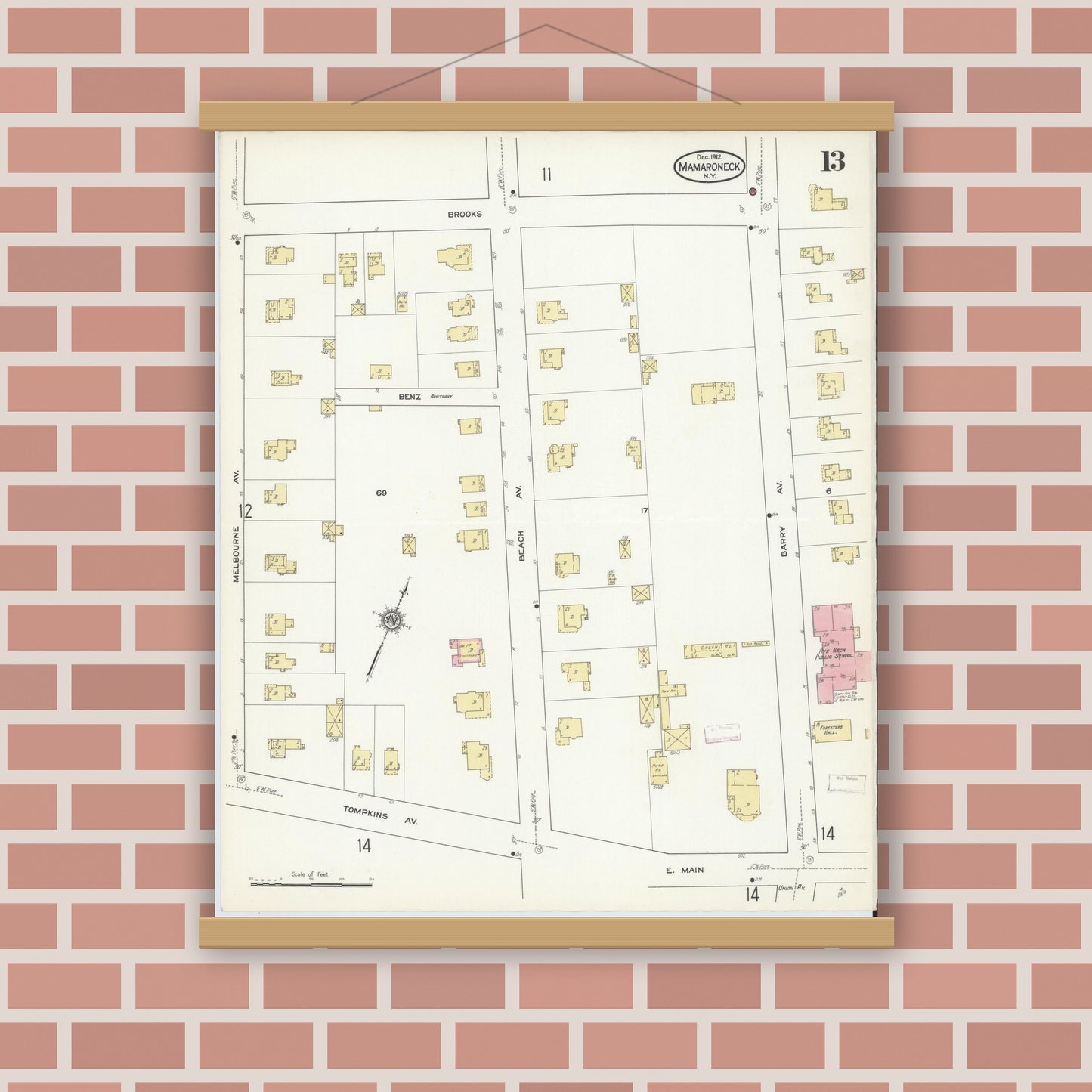 Old map wall art mockup — magnetic wood frame on brick wall — Sanborn Fire Insurance Map from Mamaroneck, Westchester County, New York (1912), Sheet #0012