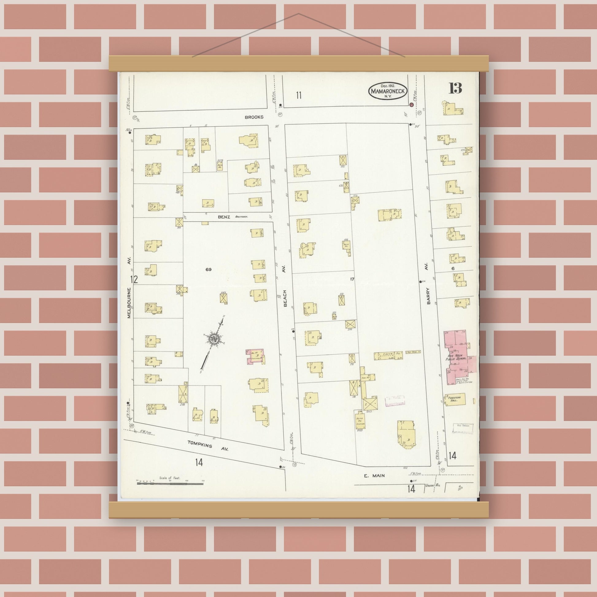 Old map wall art mockup — magnetic wood frame on brick wall — Sanborn Fire Insurance Map from Mamaroneck, Westchester County, New York (1912), Sheet #0012