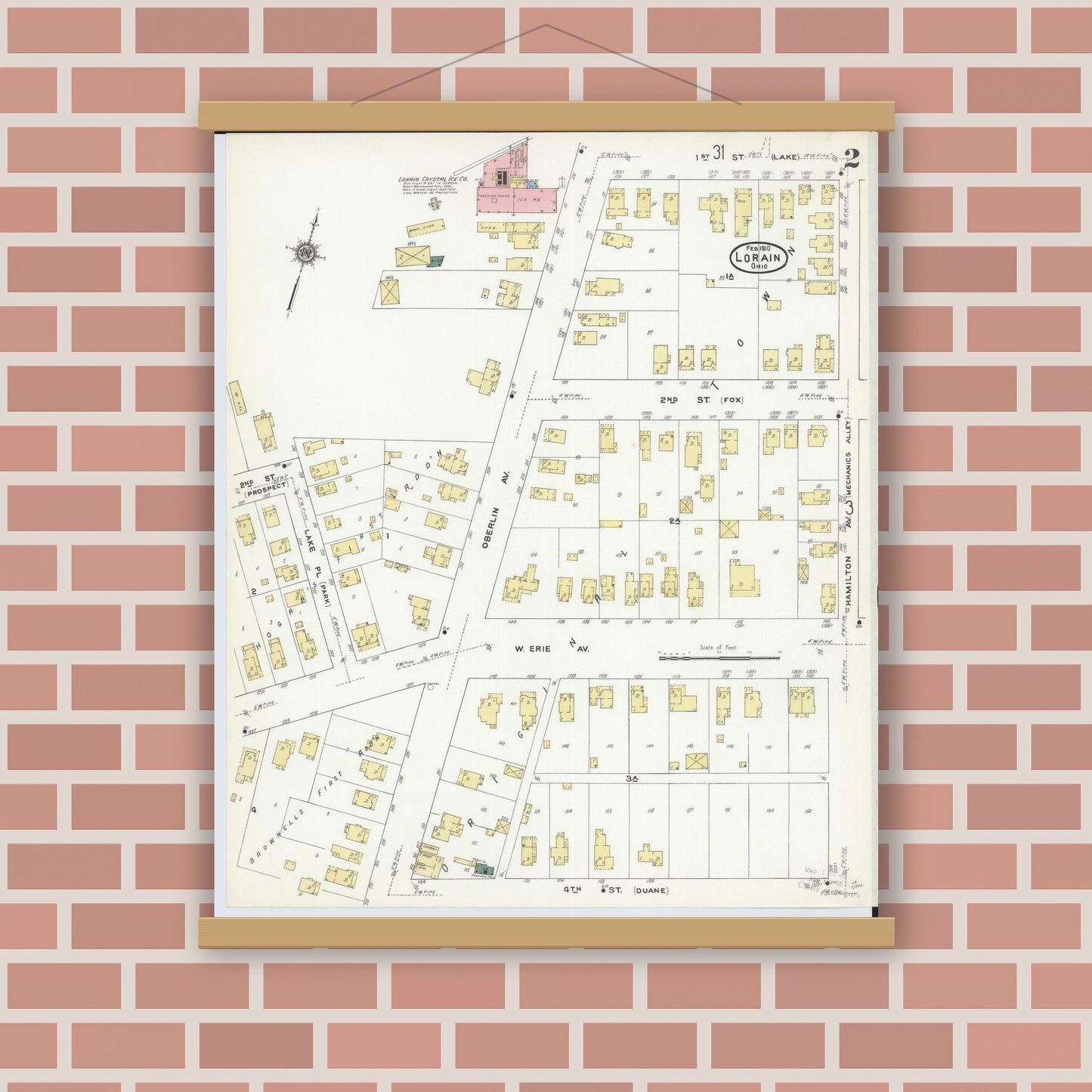 Old map wall art mockup — magnetic wood frame on brick wall — Sanborn Fire Insurance Map from Lorain, Lorain County, Ohio (1910), Sheet #0002