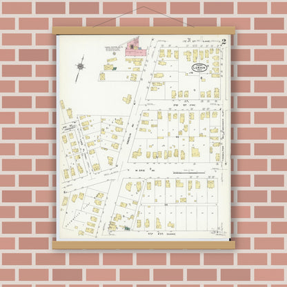 Old map wall art mockup — magnetic wood frame on brick wall — Sanborn Fire Insurance Map from Lorain, Lorain County, Ohio (1910), Sheet #0002