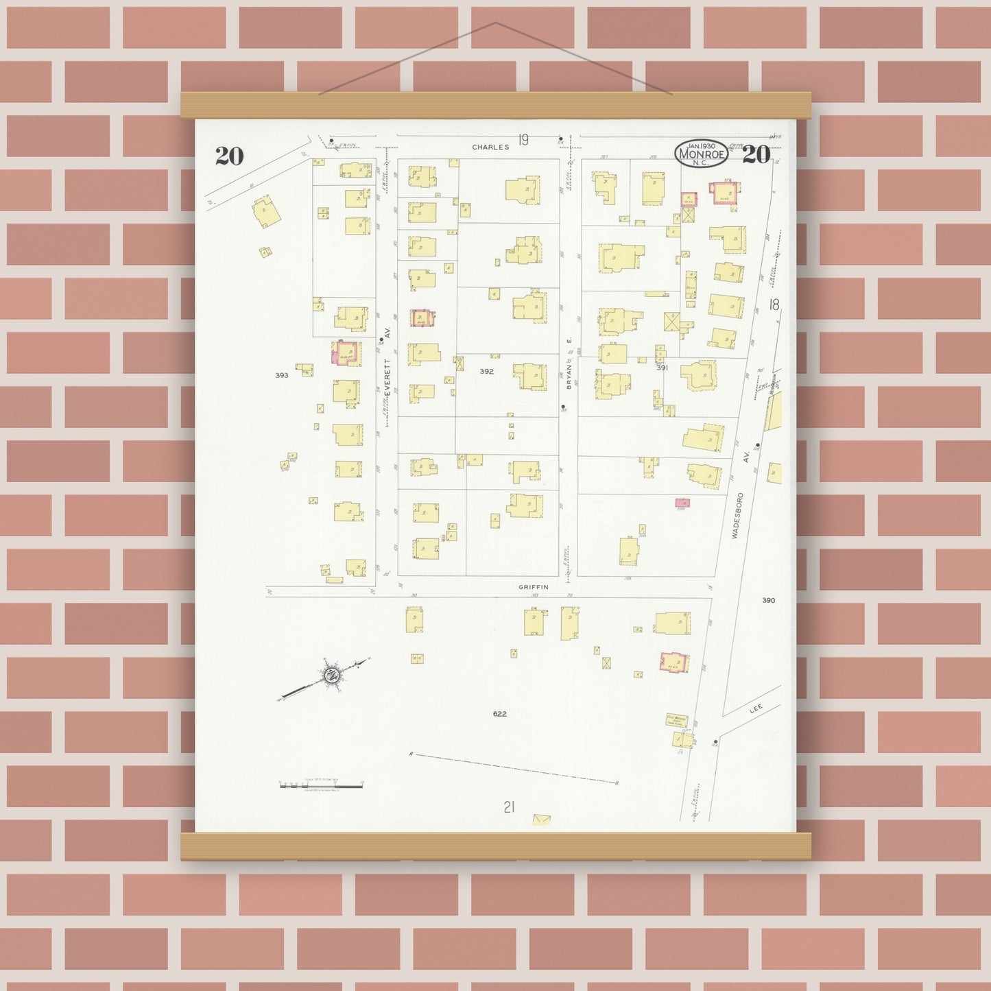 Old map wall art mockup — magnetic wood frame on brick wall — Sanborn Fire Insurance Map from Monroe, Union County, North Carolina (1930), Sheet #0020