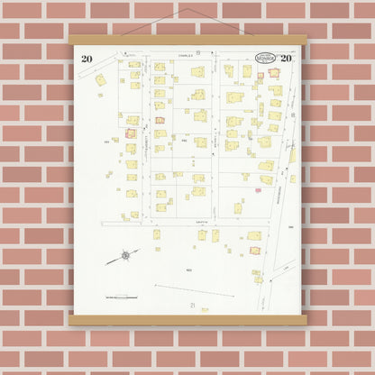 Old map wall art mockup — magnetic wood frame on brick wall — Sanborn Fire Insurance Map from Monroe, Union County, North Carolina (1930), Sheet #0020
