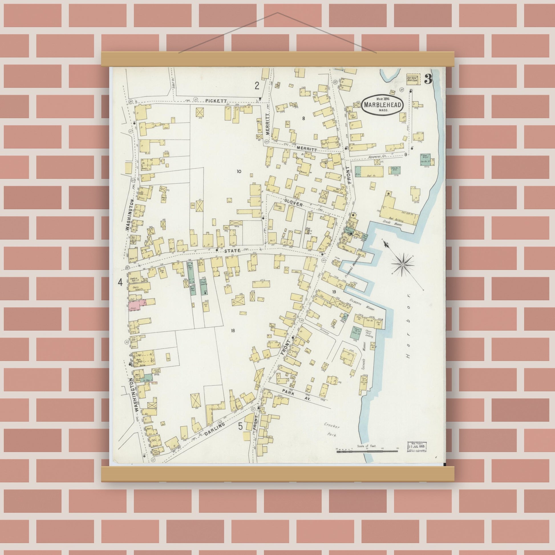 Old map wall art mockup — magnetic wood frame on brick wall — Sanborn Fire Insurance Map from Marblehead, Essex County, Massachusetts (1896), Sheet #0003