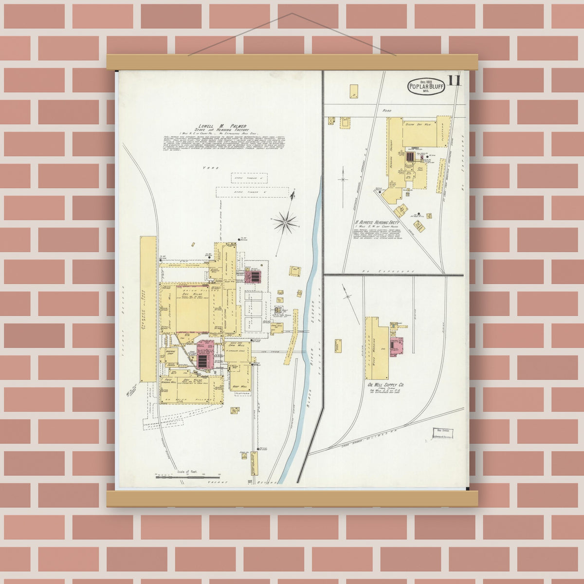 Old map wall art mockup — magnetic wood frame on brick wall — Sanborn Fire Insurance Map from Poplar Bluff, Butler County, Missouri (1901), Sheet #0011