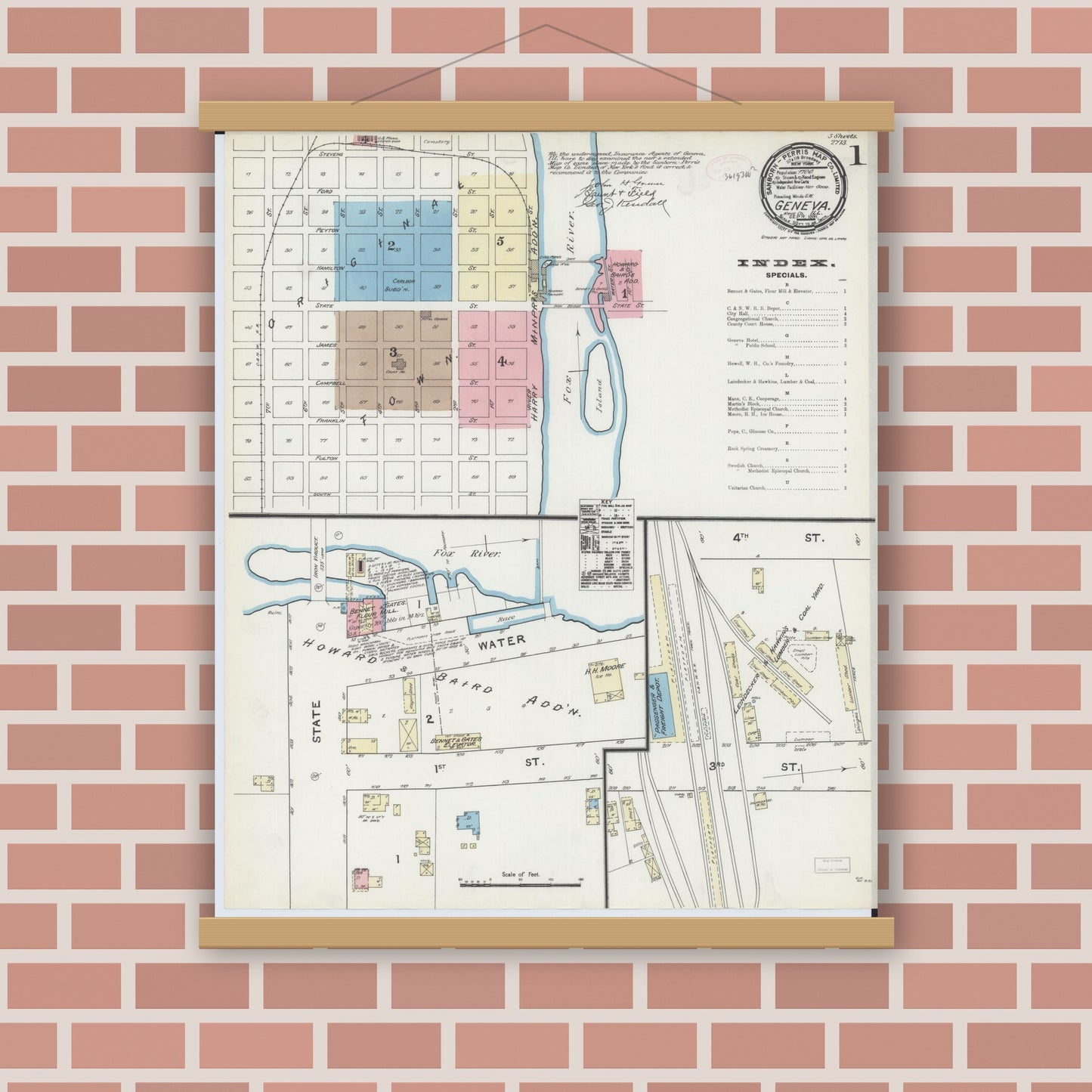 Old map wall art mockup — magnetic wood frame on brick wall — Sanborn Fire Insurance Map from Geneva, Kane County, Illinois (1891) - Complete Map Set