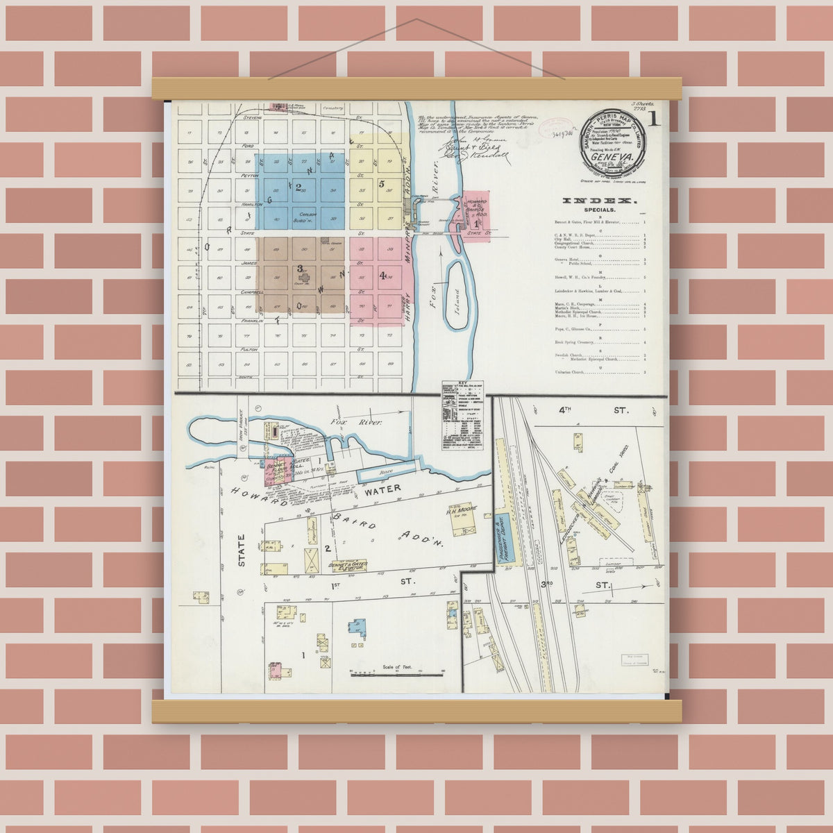Old map wall art mockup — magnetic wood frame on brick wall — Sanborn Fire Insurance Map from Geneva, Kane County, Illinois (1891) - Complete Map Set