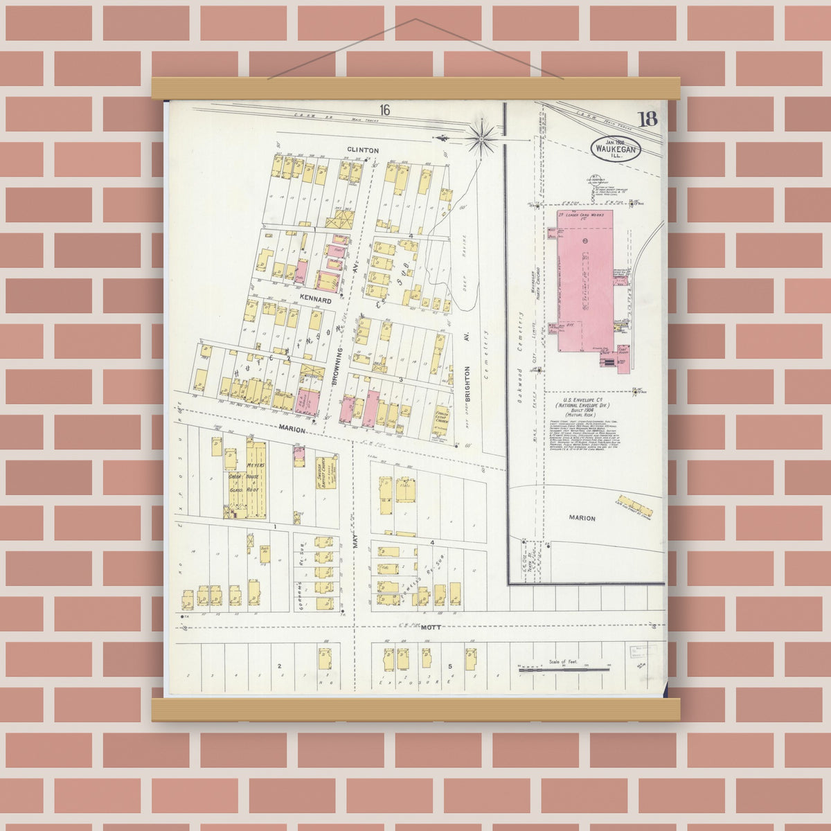 Old map wall art mockup — magnetic wood frame on brick wall — Sanborn Fire Insurance Map from Waukegan, Lake County, Illinois (1906), Sheet #0018