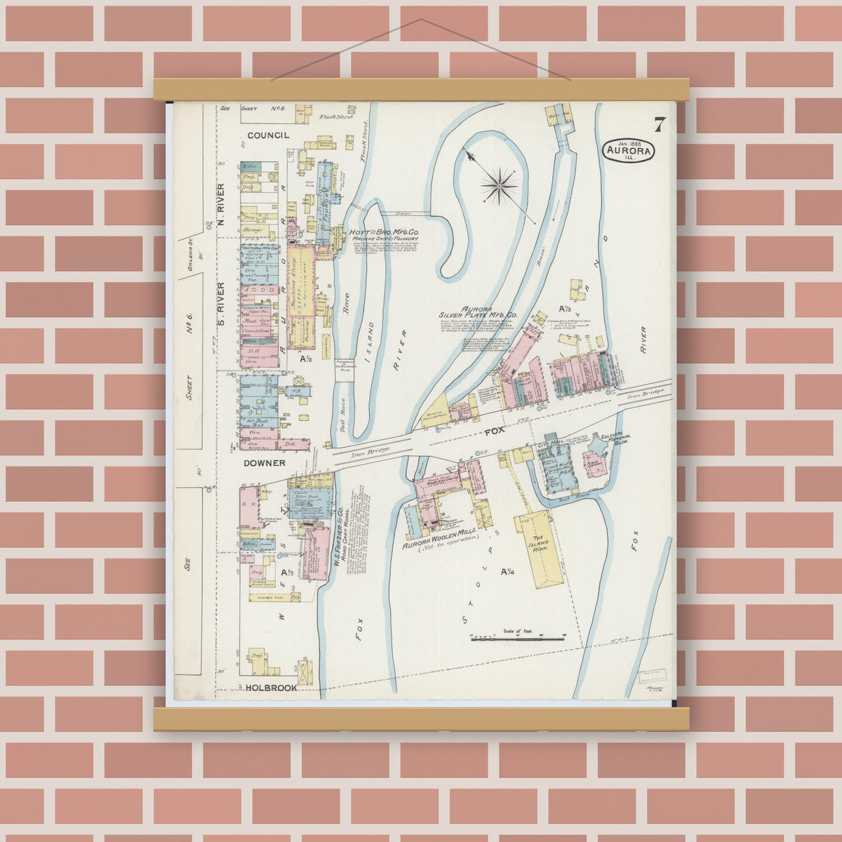 Old map wall art mockup — magnetic wood frame on brick wall — Sanborn Fire Insurance Map from Aurora, Kane County, Illinois (1888), Sheet #0007