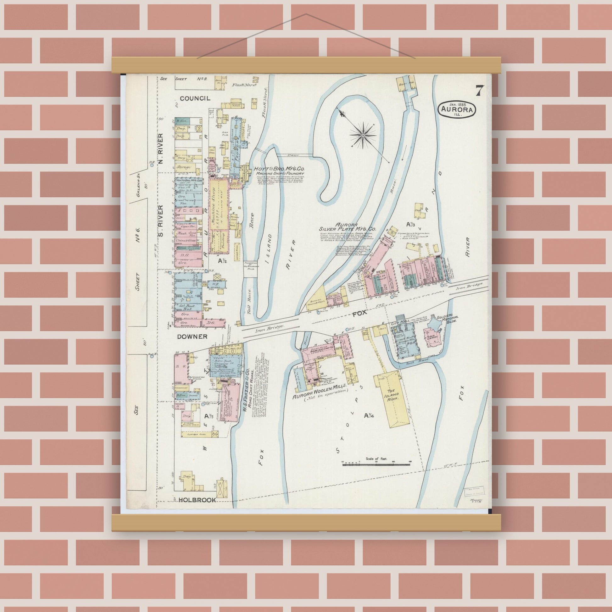 Old map wall art mockup — magnetic wood frame on brick wall — Sanborn Fire Insurance Map from Aurora, Kane County, Illinois (1888), Sheet #0007
