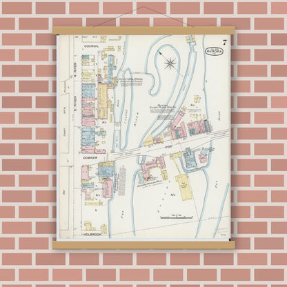 Old map wall art mockup — magnetic wood frame on brick wall — Sanborn Fire Insurance Map from Aurora, Kane County, Illinois (1888), Sheet #0007