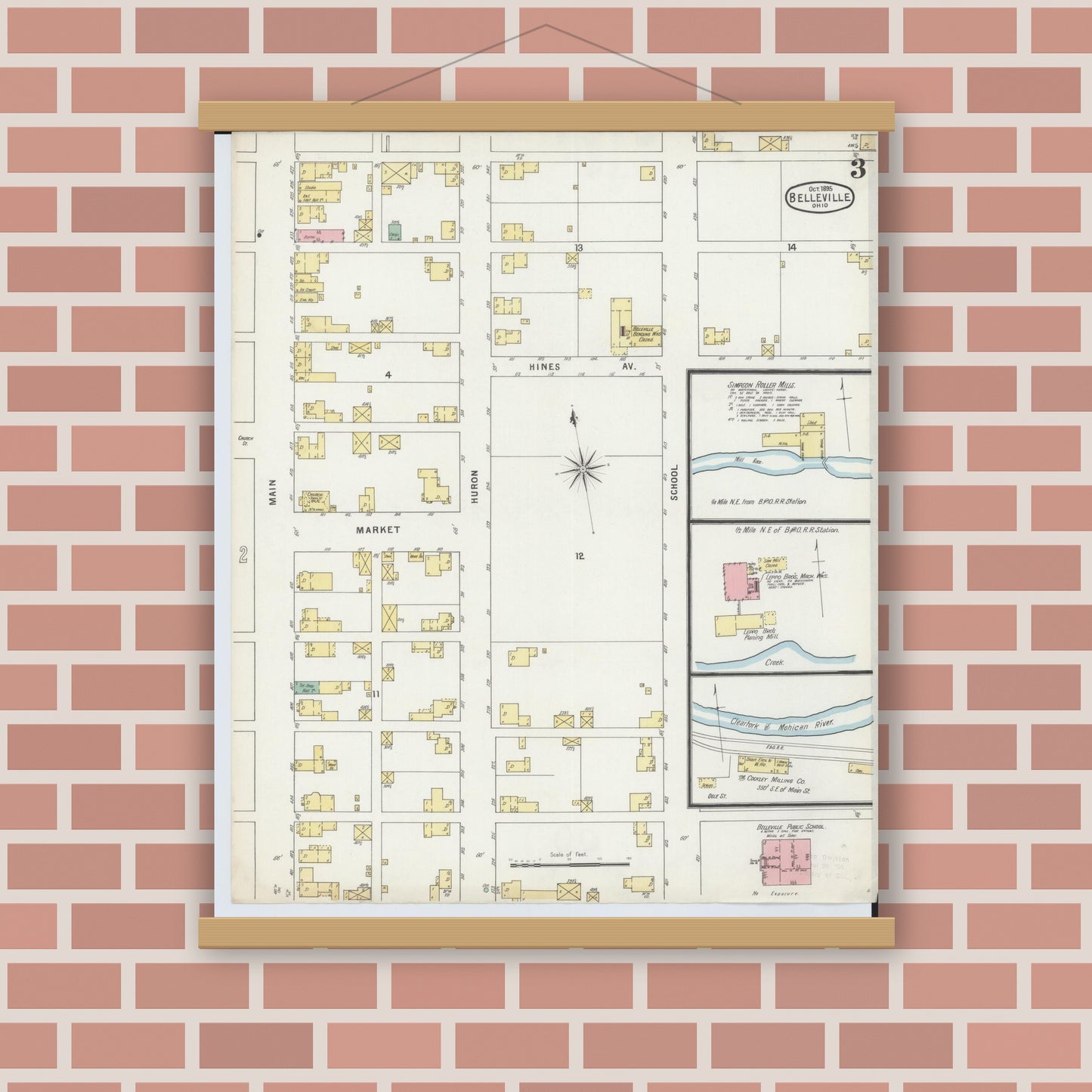 Old map wall art mockup — magnetic wood frame on brick wall — Sanborn Fire Insurance Map from Bellville, Richland County, Ohio (1895), Sheet #0003