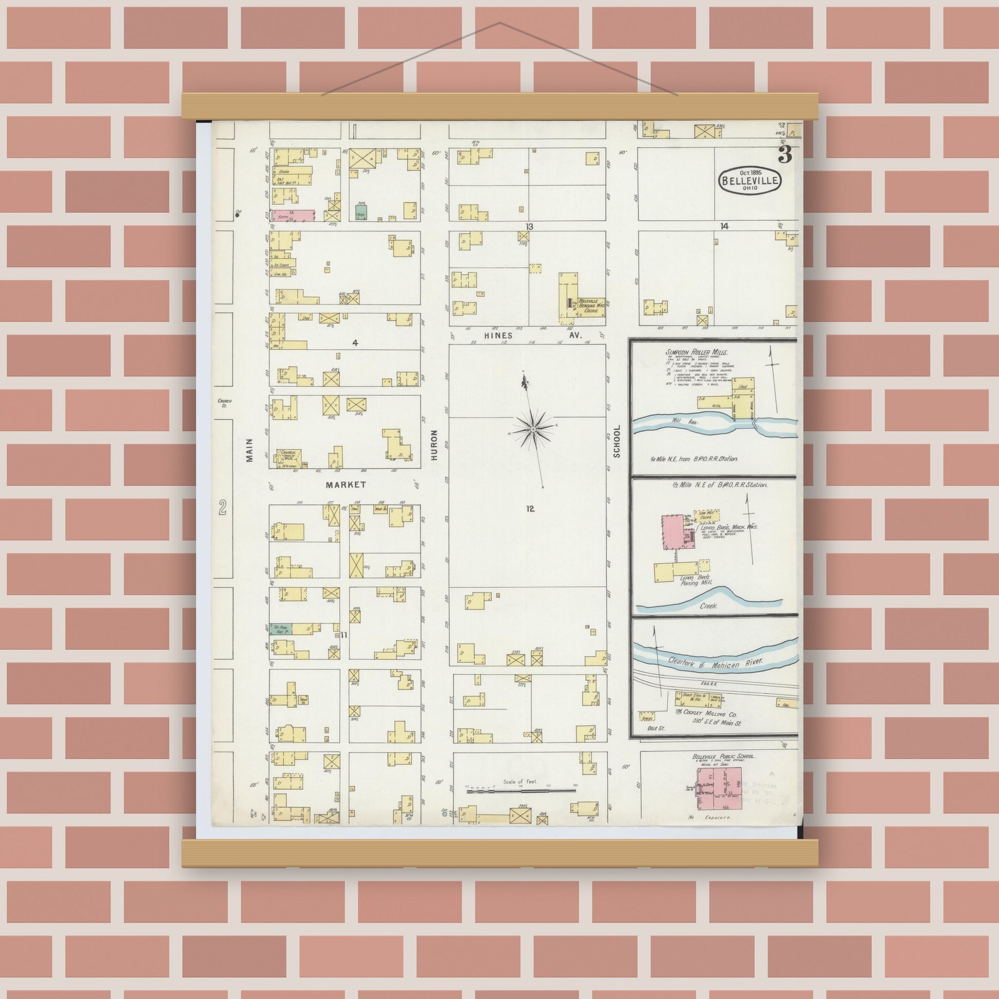 Old map wall art mockup — magnetic wood frame on brick wall — Sanborn Fire Insurance Map from Bellville, Richland County, Ohio (1895), Sheet #0003