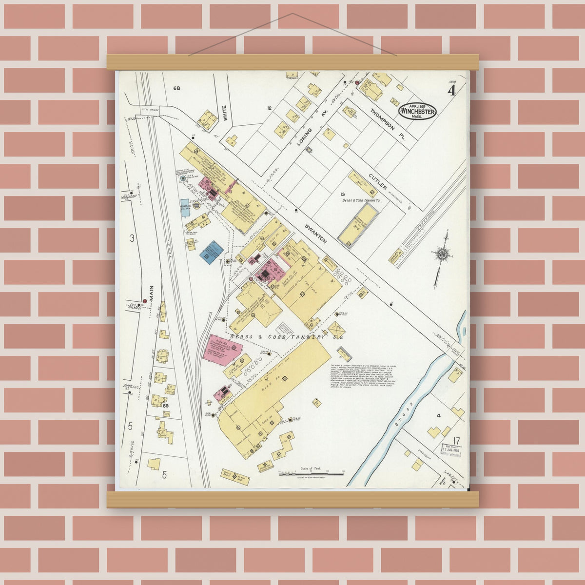 Old map wall art mockup — magnetic wood frame on brick wall — Sanborn Fire Insurance Map from Winchester, Middlesex County, Massachusetts (1921), Sheet #0004