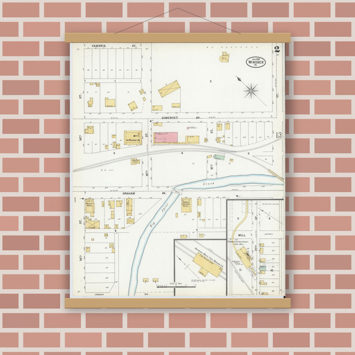 Old map wall art mockup — magnetic wood frame on brick wall — Sanborn Fire Insurance Map from Windber, Somerset County, Pennsylvania (1899), Sheet #0002