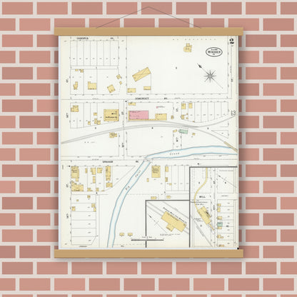Old map wall art mockup — magnetic wood frame on brick wall — Sanborn Fire Insurance Map from Windber, Somerset County, Pennsylvania (1899), Sheet #0002