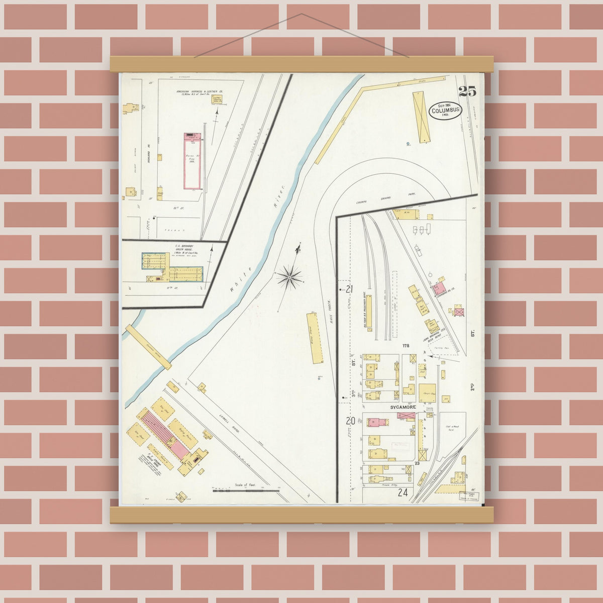 Old map wall art mockup — magnetic wood frame on brick wall — Sanborn Fire Insurance Map from Columbus, Bartholomew County, Indiana (1906), Sheet #0025