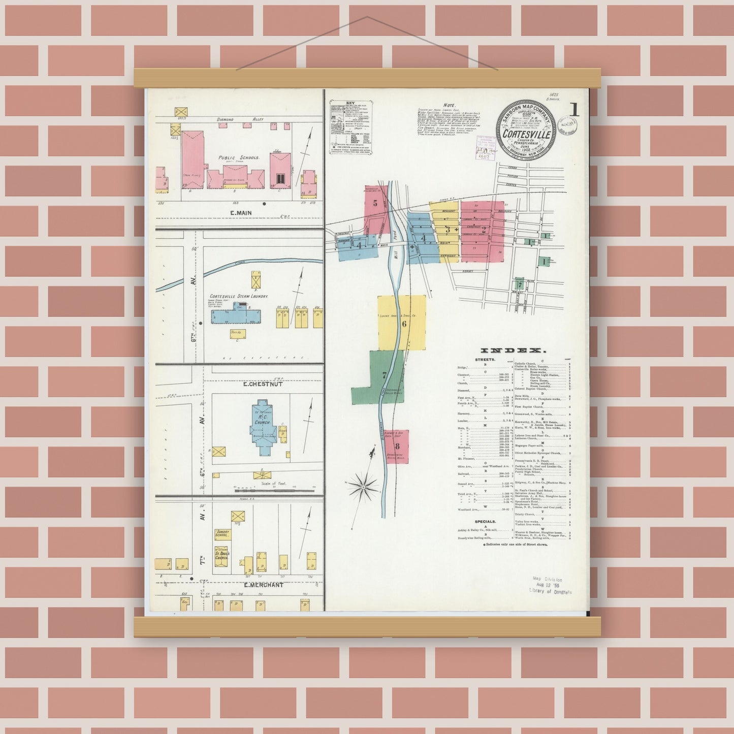 Old map wall art mockup — magnetic wood frame on brick wall — Sanborn Fire Insurance Map from Coatesville, Chester County, Pennsylvania (1902), Sheet #0001