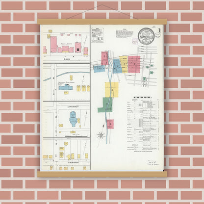 Old map wall art mockup — magnetic wood frame on brick wall — Sanborn Fire Insurance Map from Coatesville, Chester County, Pennsylvania (1902), Sheet #0001