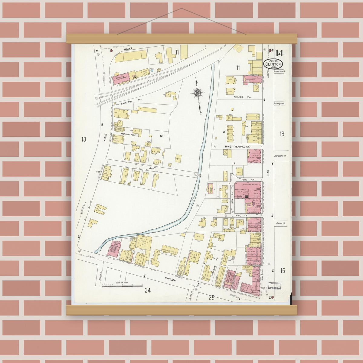 Old map wall art mockup — magnetic wood frame on brick wall — Sanborn Fire Insurance Map from Clinton, Worcester County, Massachusetts (1911), Sheet #0014