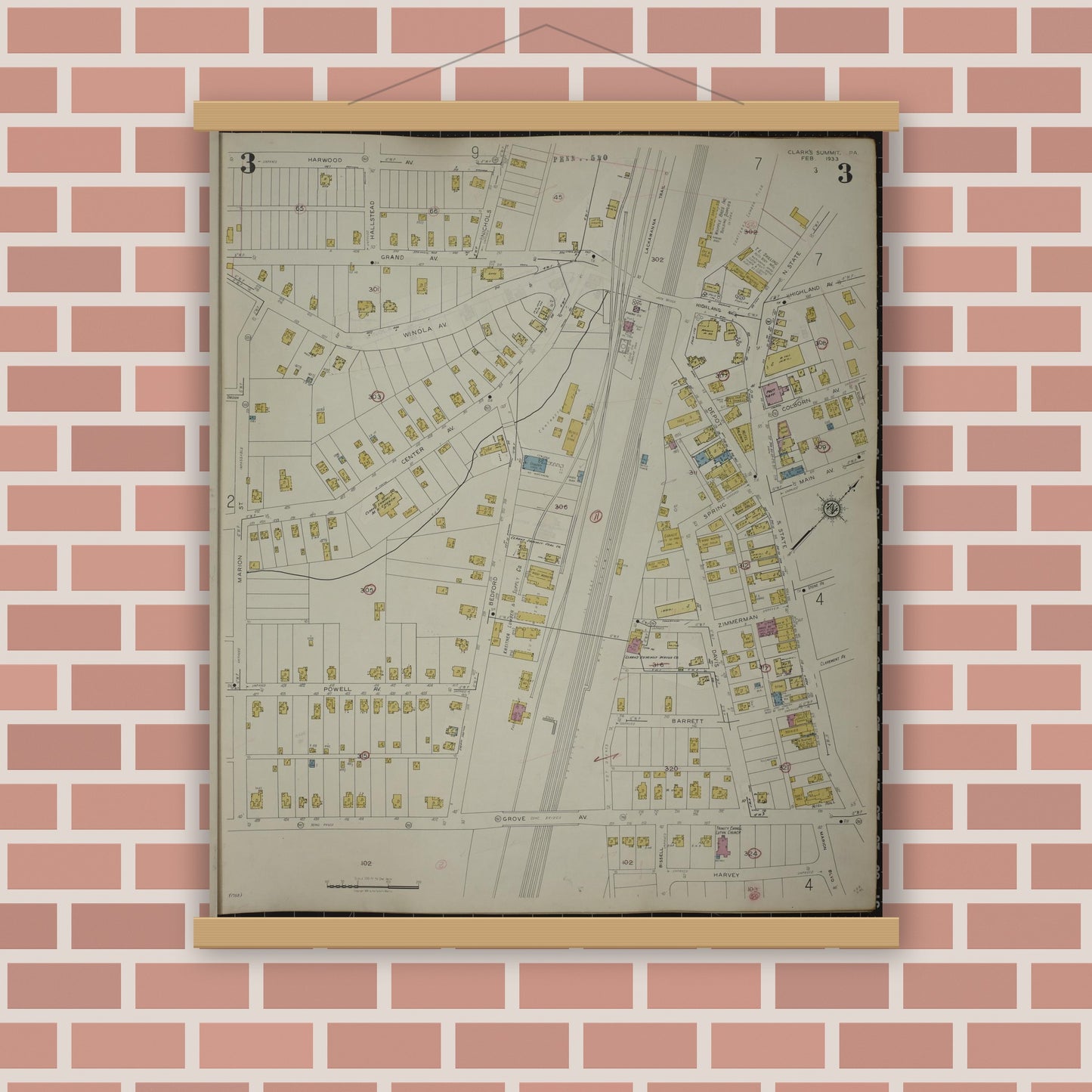 Old map wall art mockup — magnetic wood frame on brick wall — Sanborn Fire Insurance Map from Clark's Summit, Lackawanna County, Pennsylvania (1942), Sheet #0003
