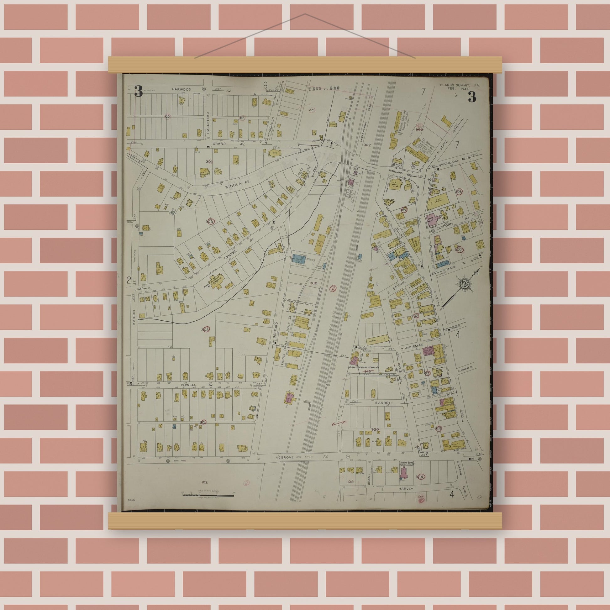 Old map wall art mockup — magnetic wood frame on brick wall — Sanborn Fire Insurance Map from Clark's Summit, Lackawanna County, Pennsylvania (1942), Sheet #0003