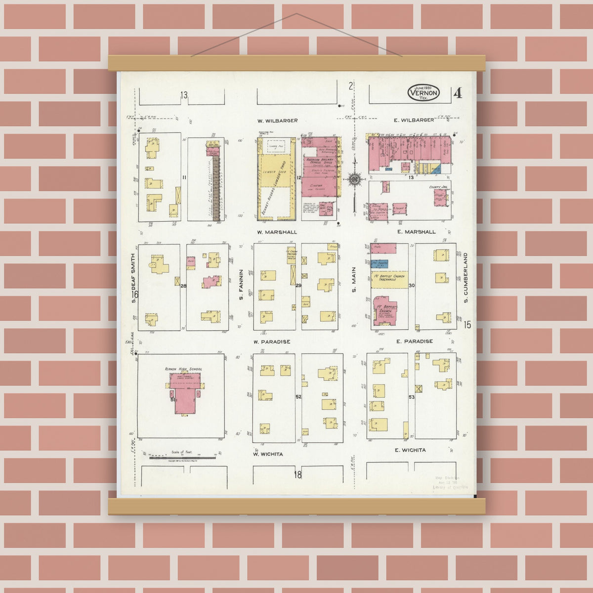 Old map wall art mockup — magnetic wood frame on brick wall — Sanborn Fire Insurance Map from Vernon, Wilbarger County, Texas (1920), Sheet #0004