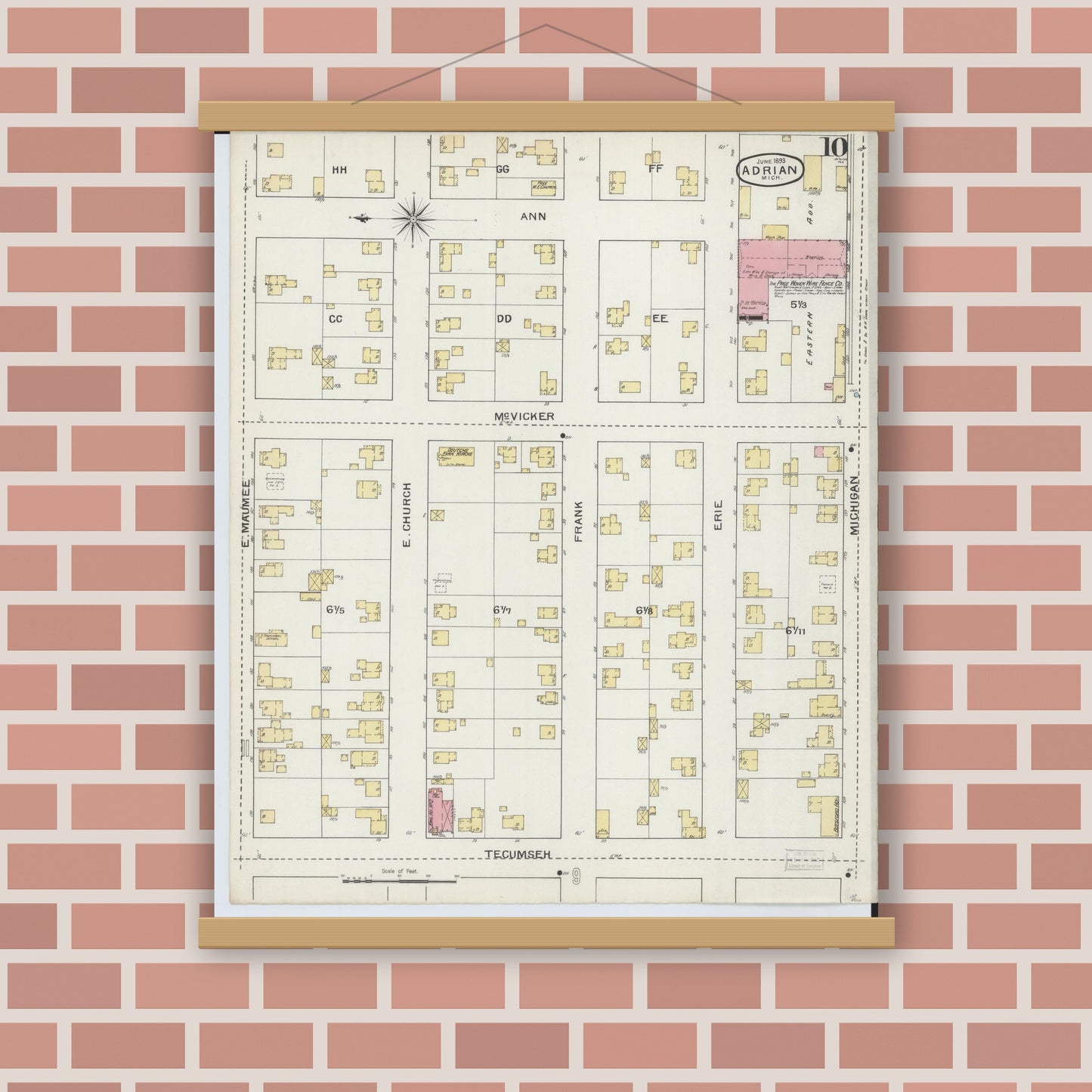 Old map wall art mockup — magnetic wood frame on brick wall — Sanborn Fire Insurance Map from Adrian, Lenawee County, Michigan (1893), Sheet #0010