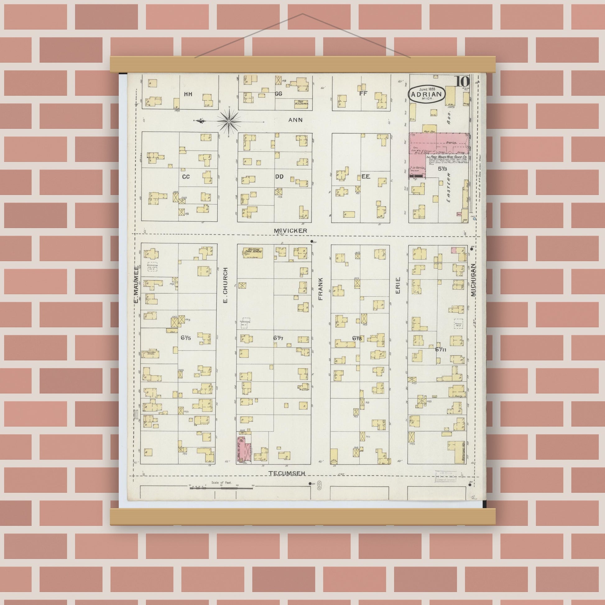 Old map wall art mockup — magnetic wood frame on brick wall — Sanborn Fire Insurance Map from Adrian, Lenawee County, Michigan (1893), Sheet #0010