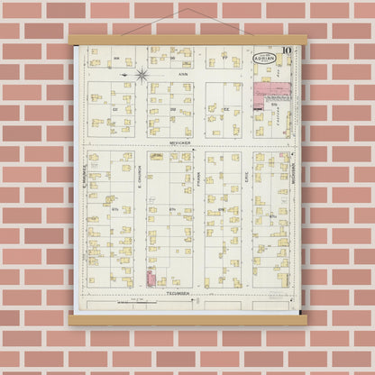 Old map wall art mockup — magnetic wood frame on brick wall — Sanborn Fire Insurance Map from Adrian, Lenawee County, Michigan (1893), Sheet #0010
