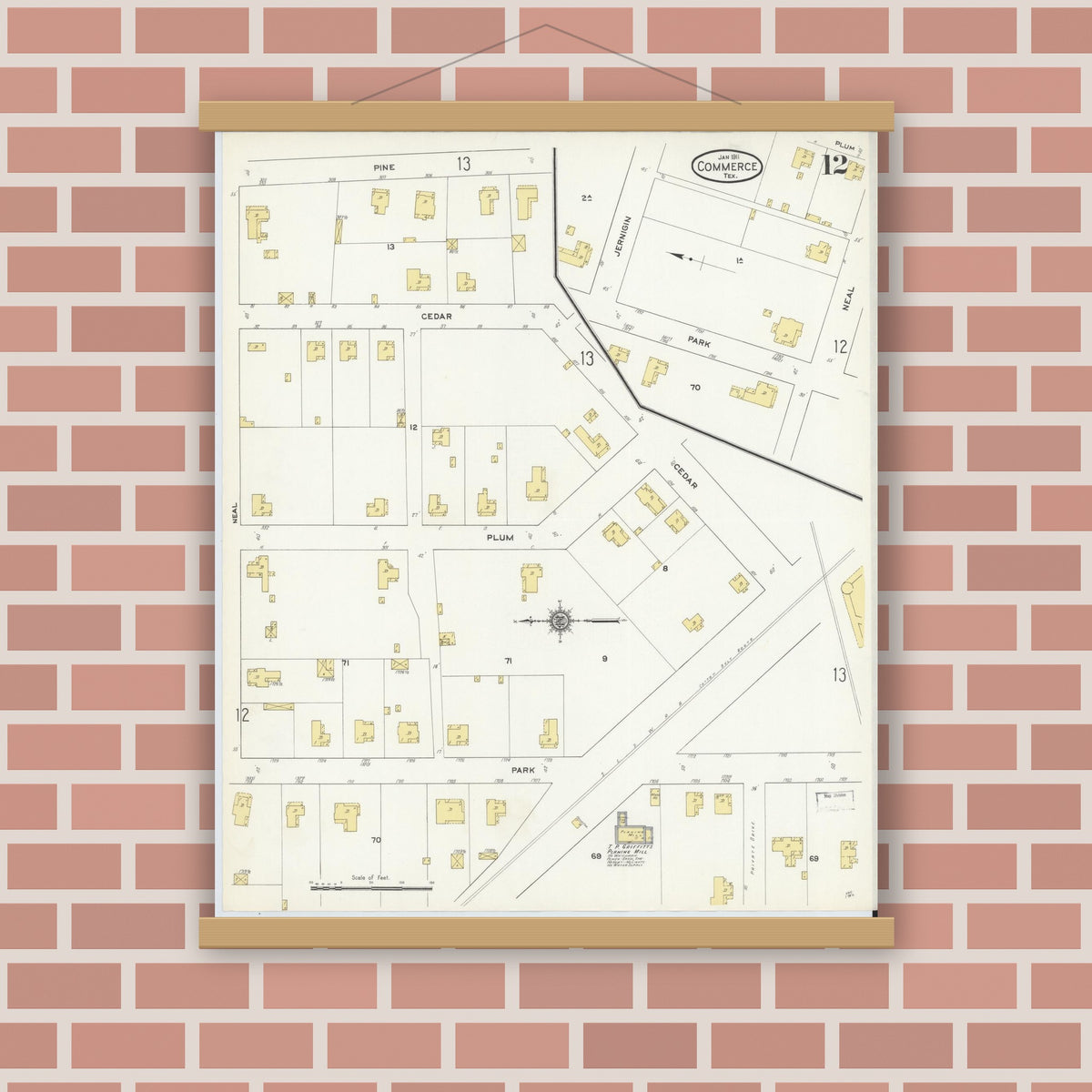 Old map wall art mockup — magnetic wood frame on brick wall — Sanborn Fire Insurance Map from Commerce, Hunt County, Texas (1911), Sheet #0012
