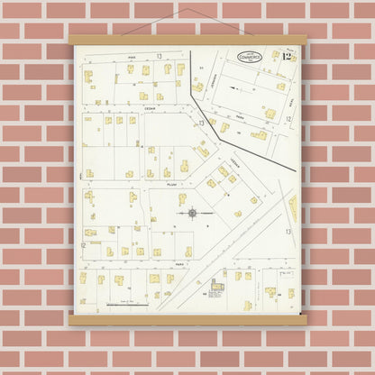Old map wall art mockup — magnetic wood frame on brick wall — Sanborn Fire Insurance Map from Commerce, Hunt County, Texas (1911), Sheet #0012
