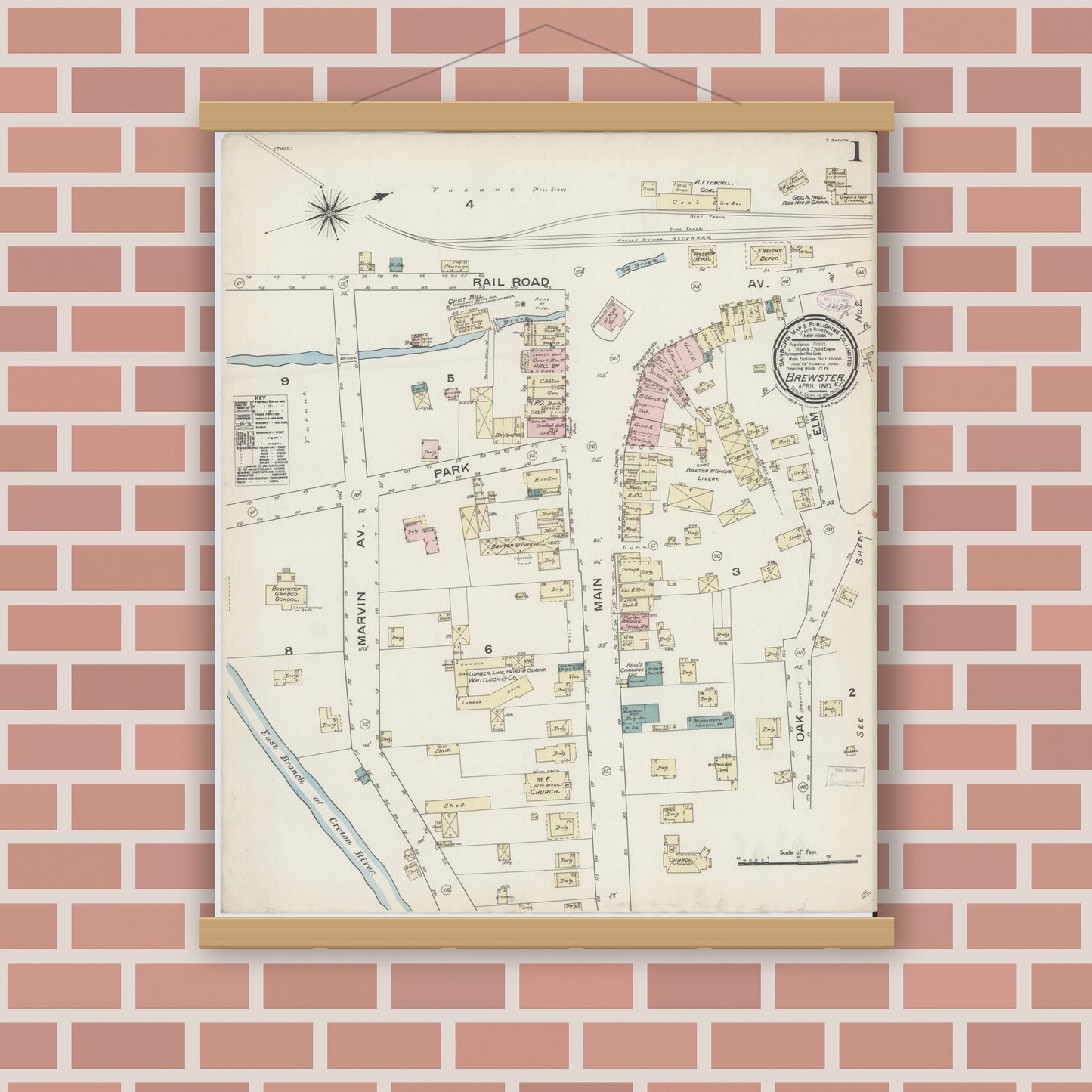 Old map wall art mockup — magnetic wood frame on brick wall — Sanborn Fire Insurance Map from Brewster, Putnam County, New York (1887) - Complete Map Set