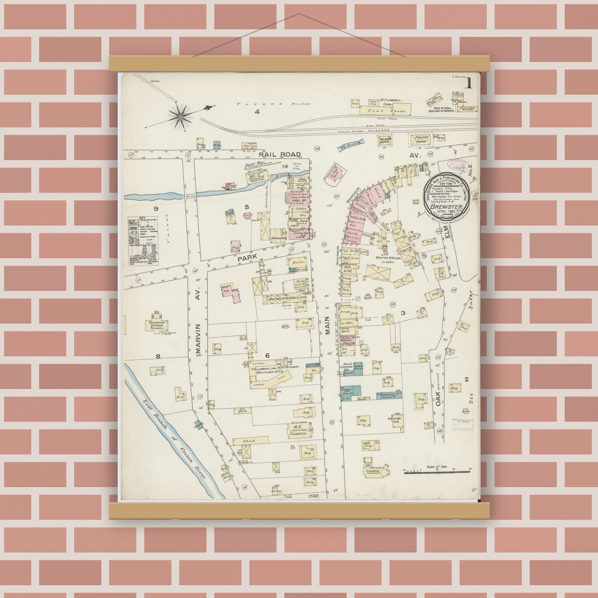 Old map wall art mockup — magnetic wood frame on brick wall — Sanborn Fire Insurance Map from Brewster, Putnam County, New York (1887) - Complete Map Set