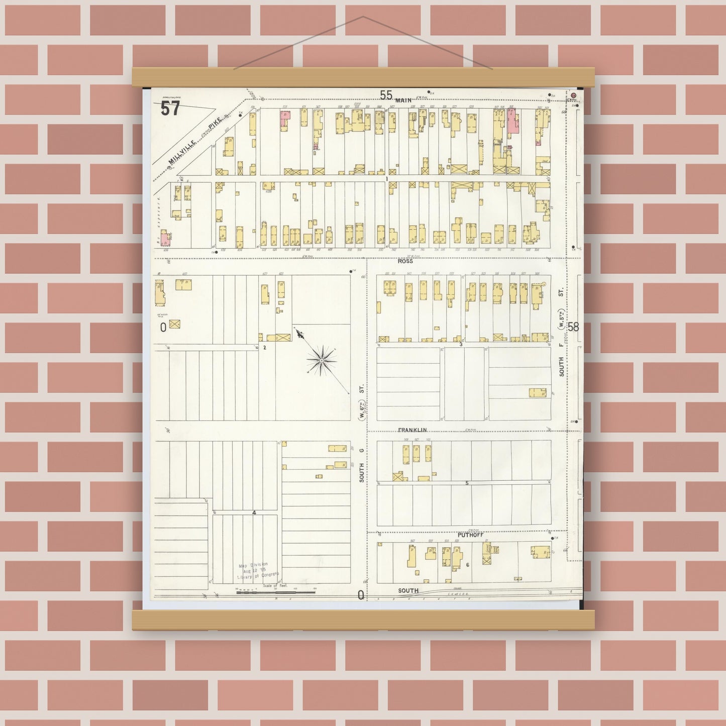 Old map wall art mockup — magnetic wood frame on brick wall — Sanborn Fire Insurance Map from Hamilton, Butler County, Ohio (1899), Sheet #0057