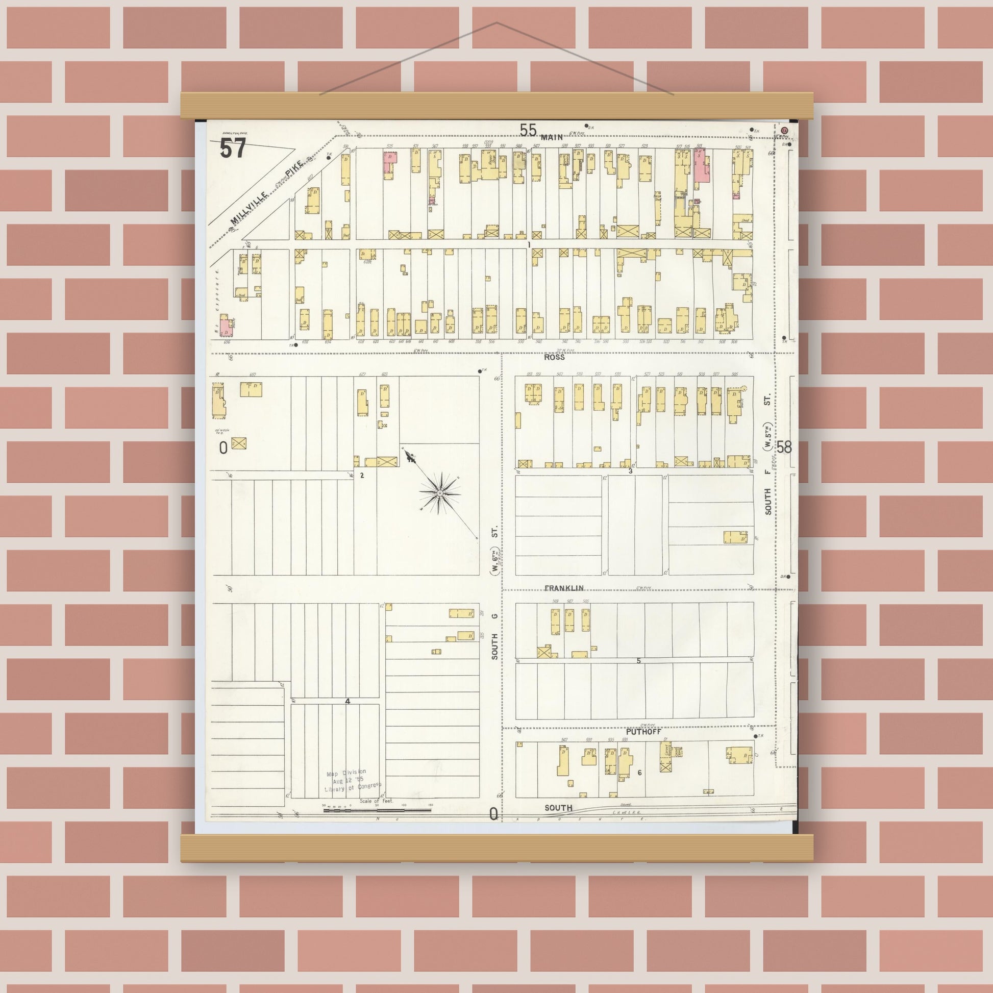 Old map wall art mockup — magnetic wood frame on brick wall — Sanborn Fire Insurance Map from Hamilton, Butler County, Ohio (1899), Sheet #0057