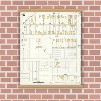 Old map wall art mockup — magnetic wood frame on brick wall — Sanborn Fire Insurance Map from Hamilton, Butler County, Ohio (1899), Sheet #0057