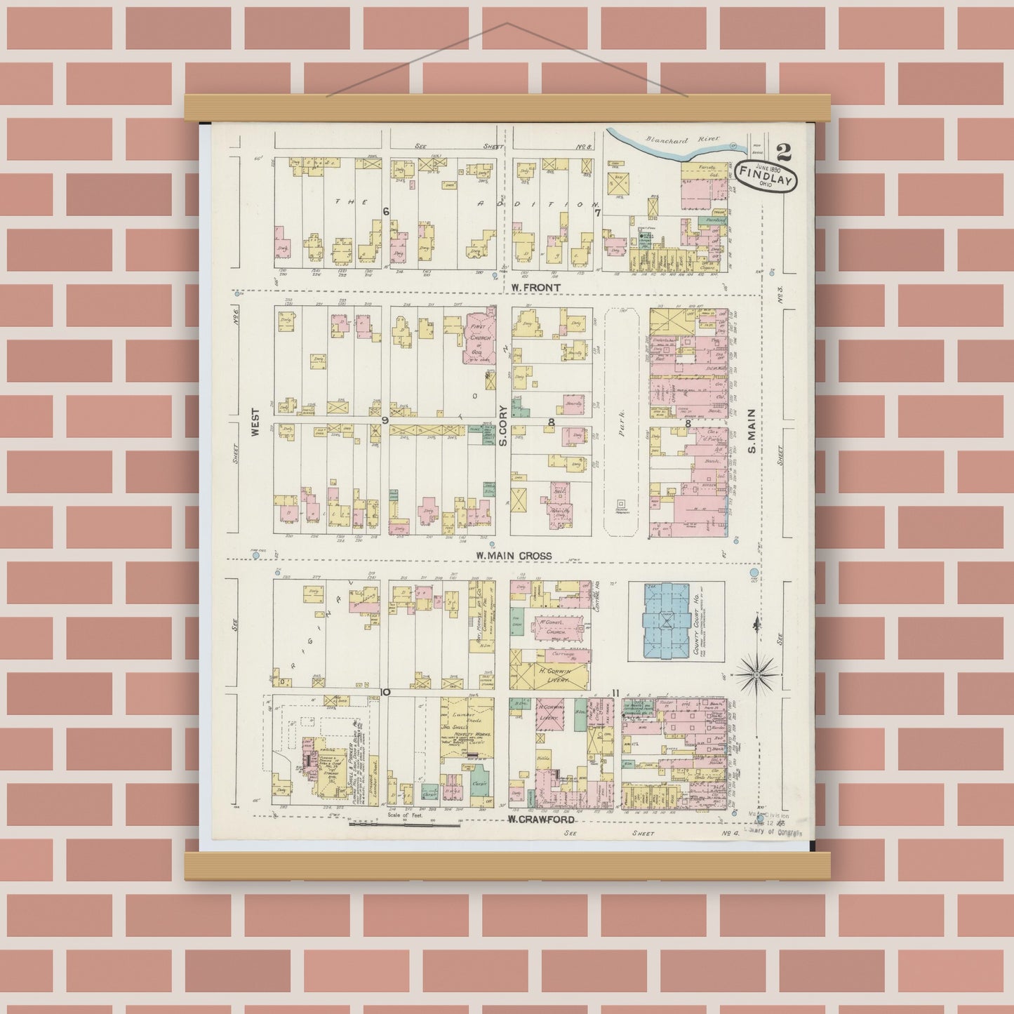 Old map wall art mockup — magnetic wood frame on brick wall — Sanborn Fire Insurance Map from Findlay, Hancock County, Ohio (1890), Sheet #0002