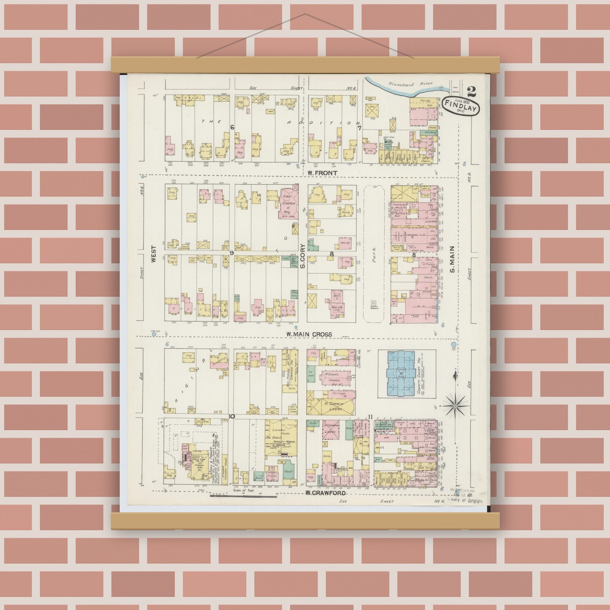 Old map wall art mockup — magnetic wood frame on brick wall — Sanborn Fire Insurance Map from Findlay, Hancock County, Ohio (1890), Sheet #0002
