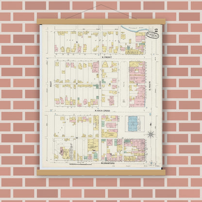 Old map wall art mockup — magnetic wood frame on brick wall — Sanborn Fire Insurance Map from Findlay, Hancock County, Ohio (1890), Sheet #0002