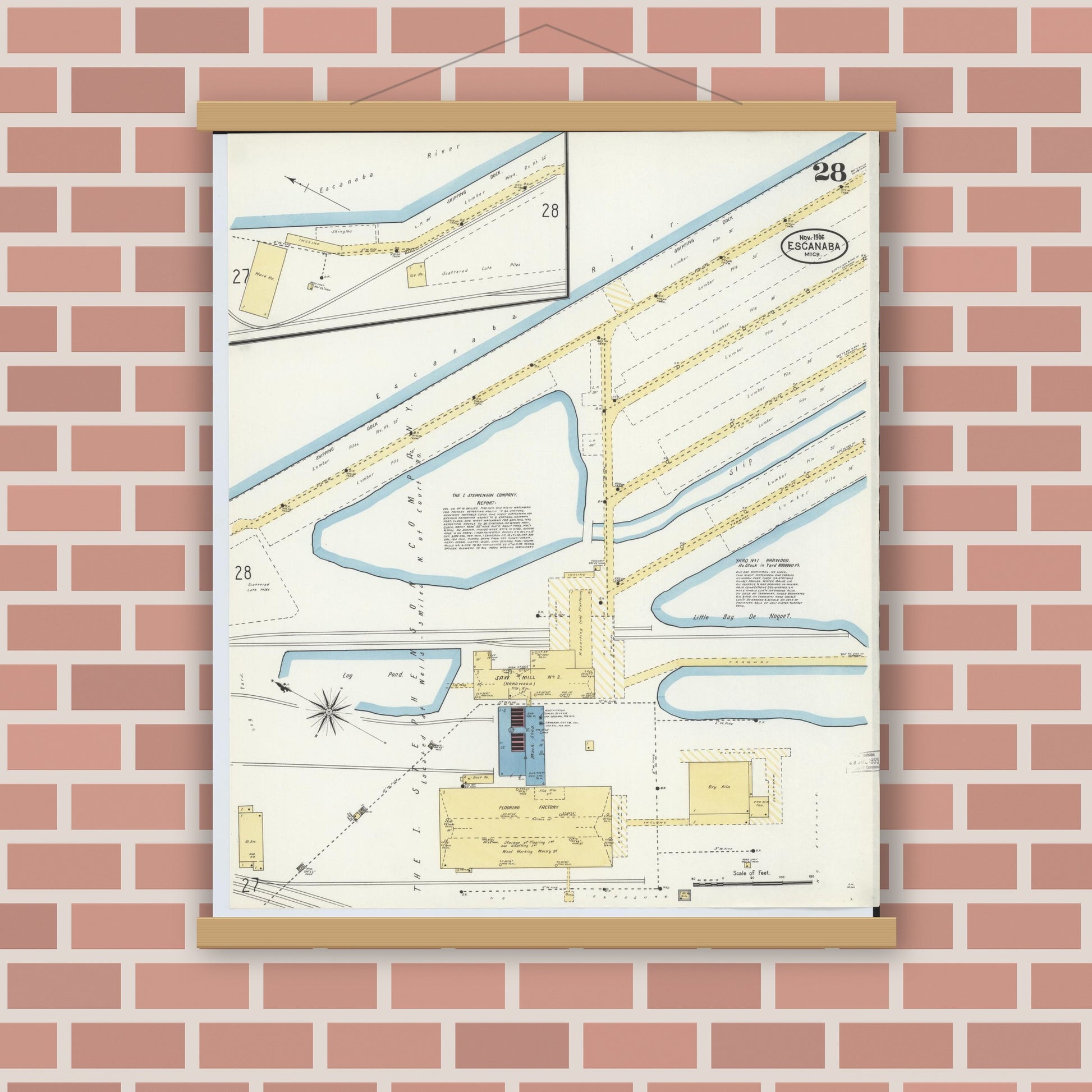 Old map wall art mockup — magnetic wood frame on brick wall — Sanborn Fire Insurance Map from Escanaba, Delta County, Michigan (1906), Sheet #0028