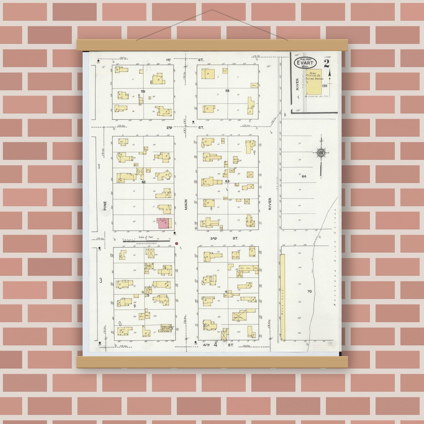 Old map wall art mockup — magnetic wood frame on brick wall — Sanborn Fire Insurance Map from Evart, Osceola County, Michigan (1920), Sheet #0002