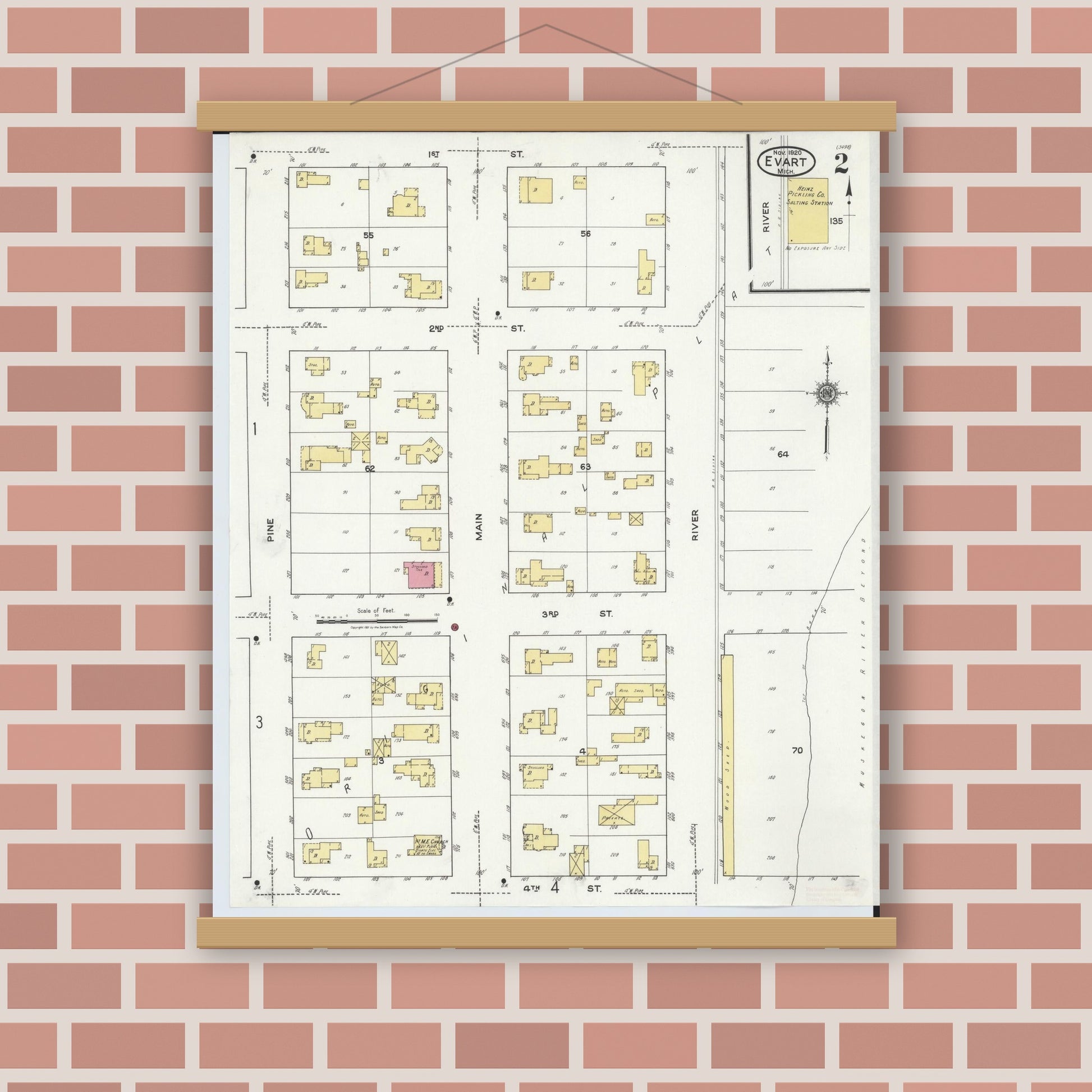 Old map wall art mockup — magnetic wood frame on brick wall — Sanborn Fire Insurance Map from Evart, Osceola County, Michigan (1920), Sheet #0002