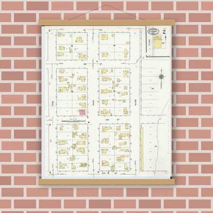Old map wall art mockup — magnetic wood frame on brick wall — Sanborn Fire Insurance Map from Evart, Osceola County, Michigan (1920), Sheet #0002